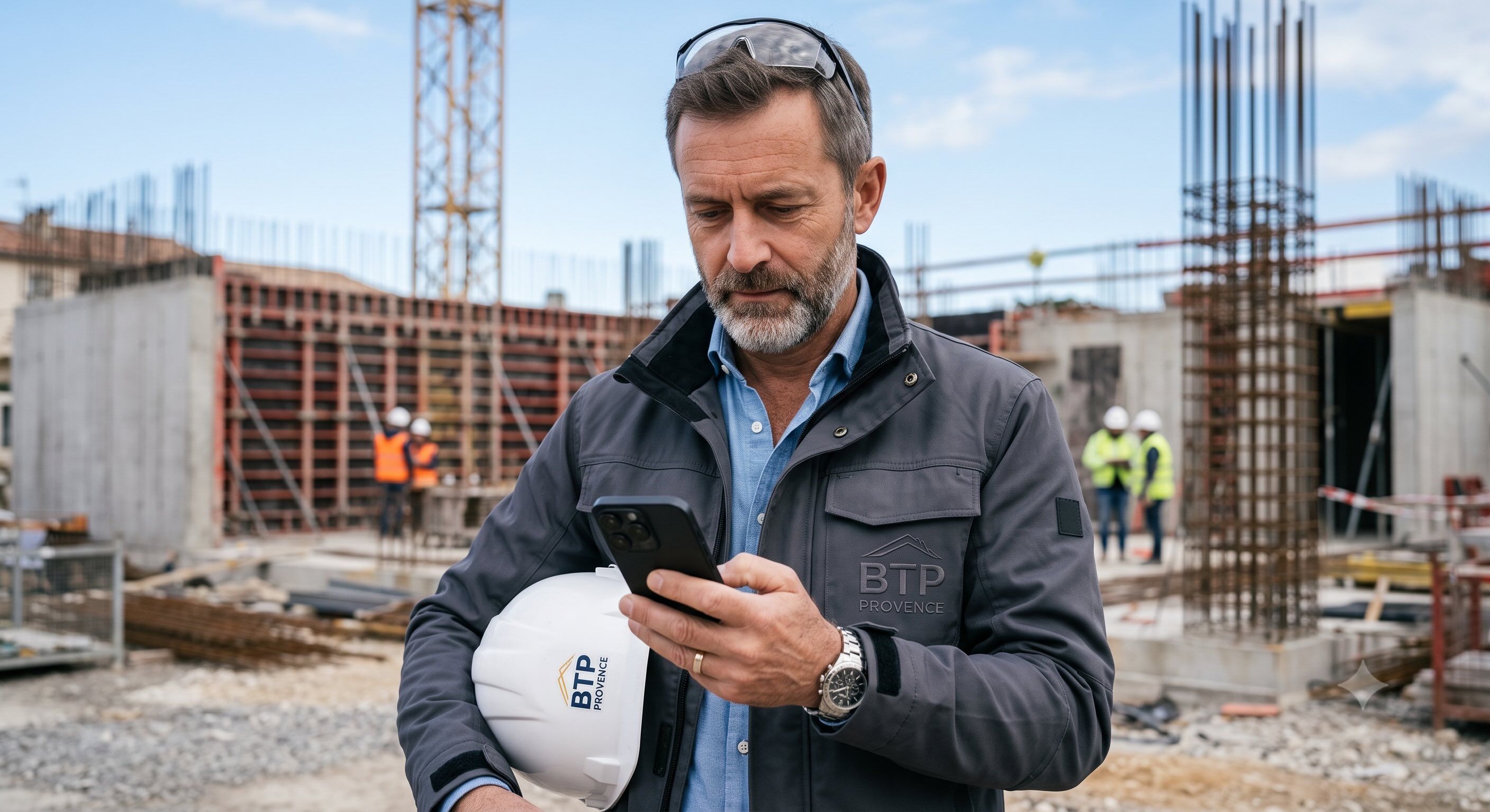 Un chef de chantier au téléphone, sur son lieu de travail